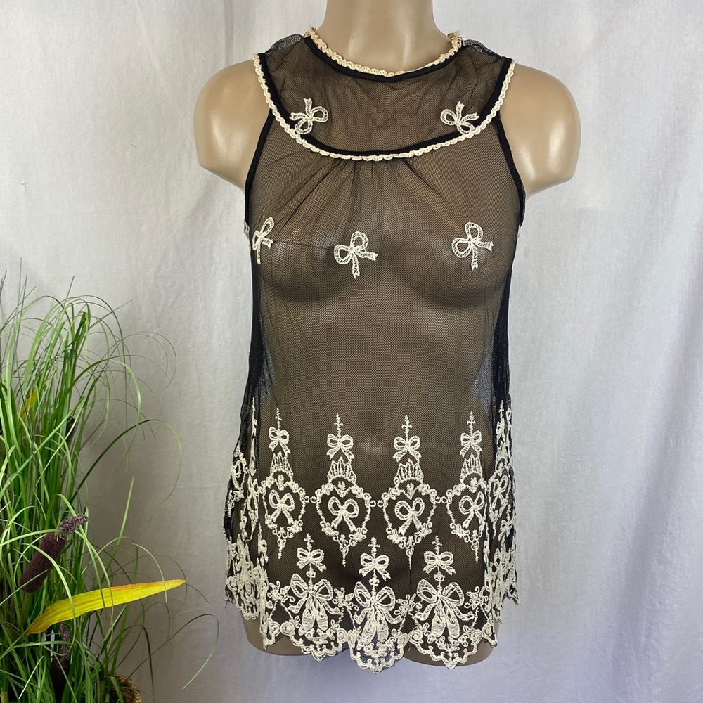 Monteau Black & Tan Sheer Lace Sleeveless Blouse Top M